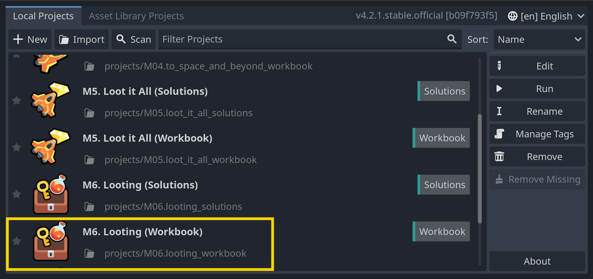 The workbook project selected in the Godot project manager