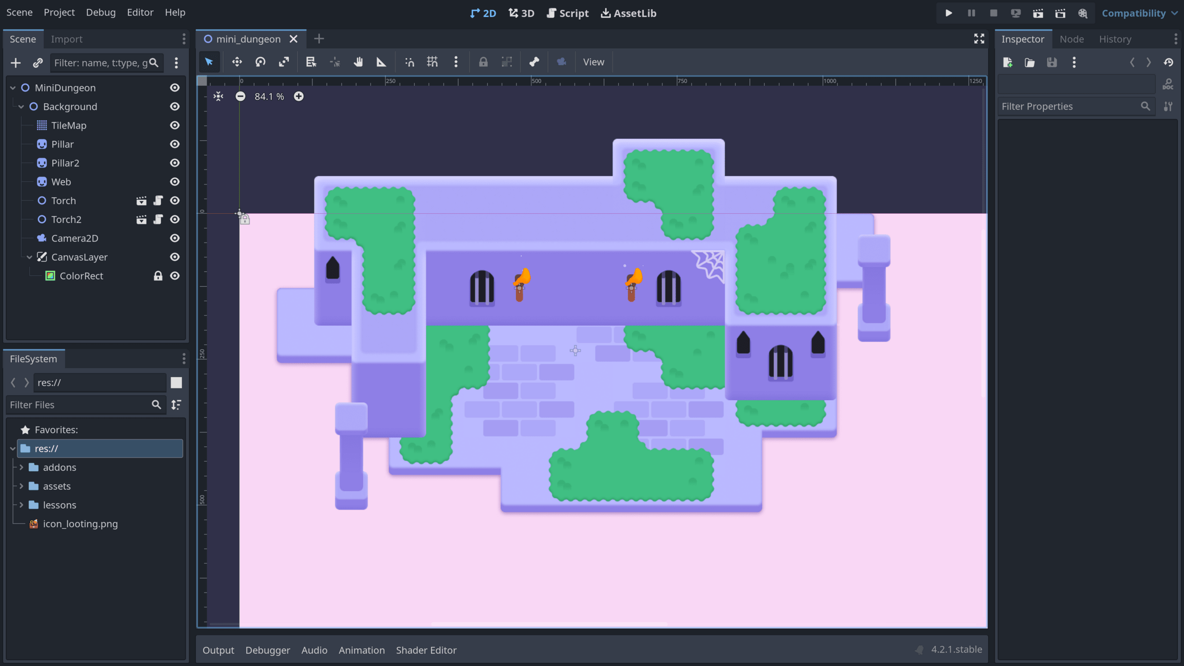 The mini dungeon scene in the Godot editor