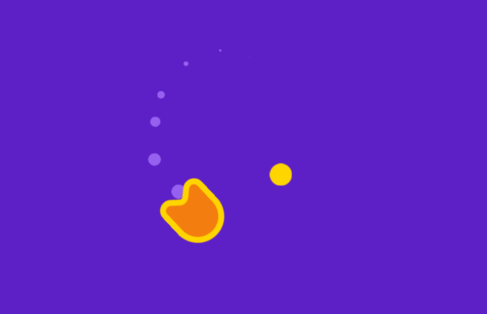 Screenshot of a practice, with a yellow and orange shape representing a character or spaceship, with a trail of purple dots