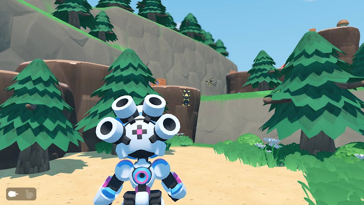 A robot character aiming with the camera behind their shoulder