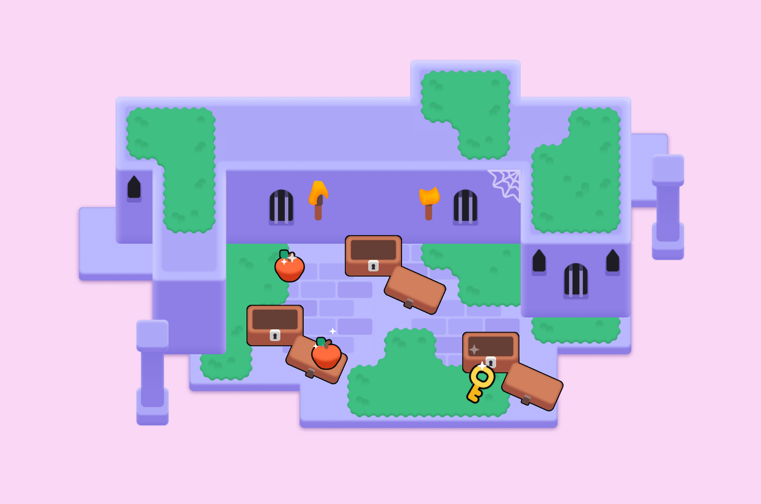 A 2D scene with a couple of sprites representing a chest and items