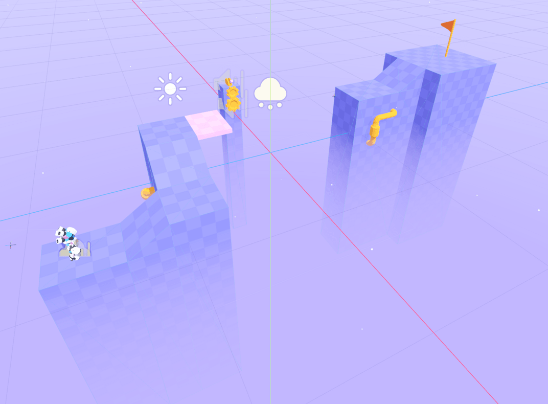 Screenshot of 3D game level with a platform, a gap, a level, and a flag on the other side of the gap