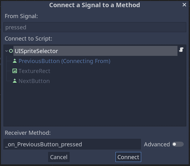 Window to connect a signal via the editor