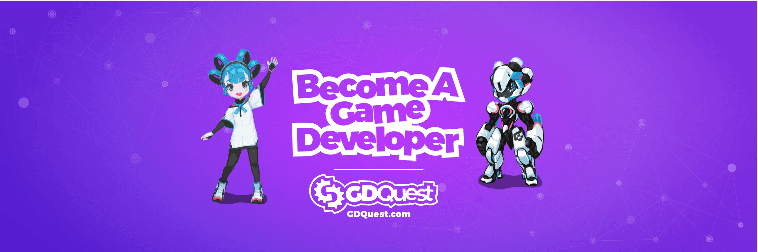 Banner image, showing a young woman with blue hair waving on the left, a white and black robot standing idle on the right, and the text "Become a game developer" in the center.