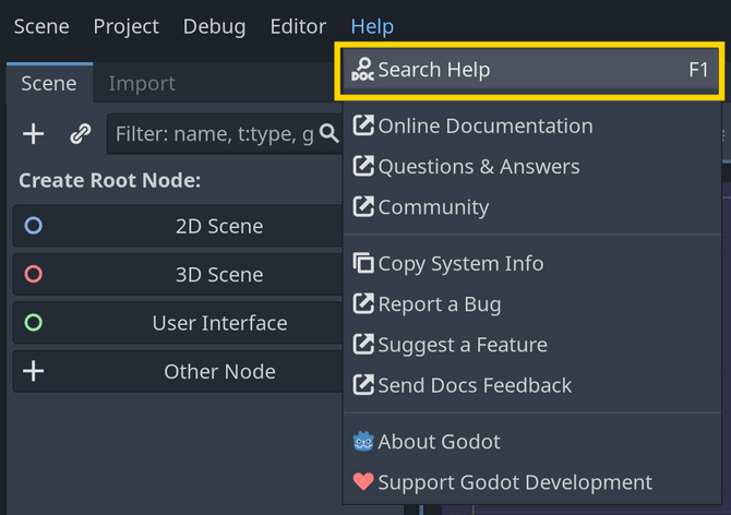 The help menu in the Godot editor