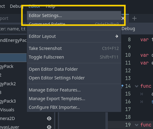 The editor settings drop-down menu option