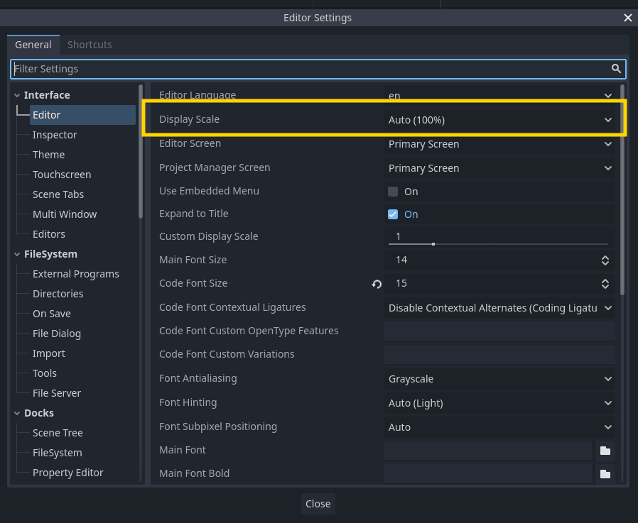 The Display Scale editor setting on the right