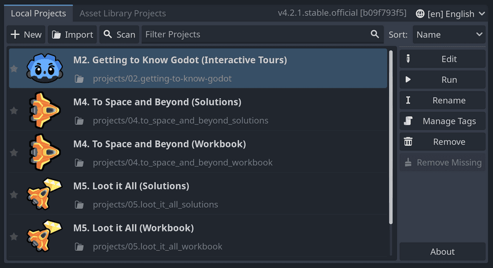 List of projects in the Godot project manager