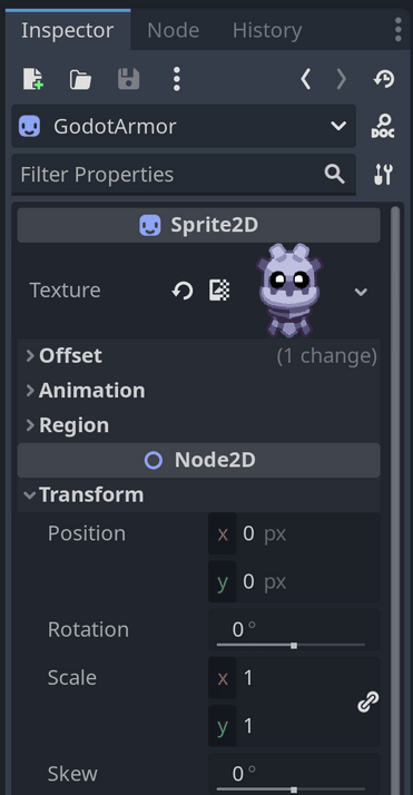 The Inspector dock in the Godot editor, showing the transform properties of a selected node