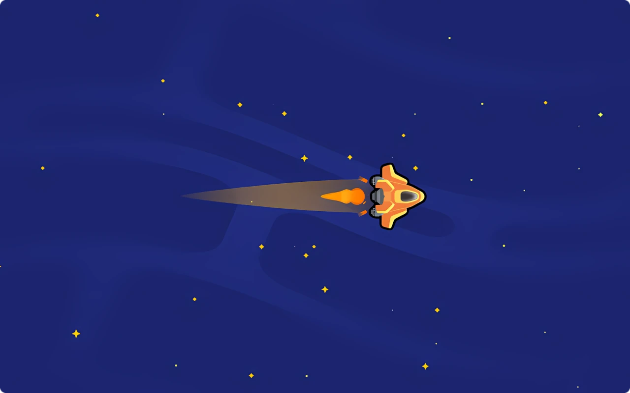 A 2D spaceship flying in space, with a starry background.