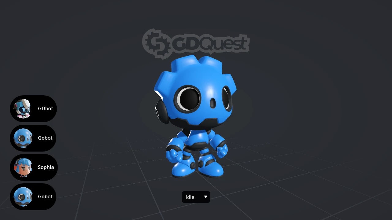 Screenshot of Gobot, the blue robot inspired by the Godot logo, standing idle over a grey background. A menu on theleft shows a list of characters.
