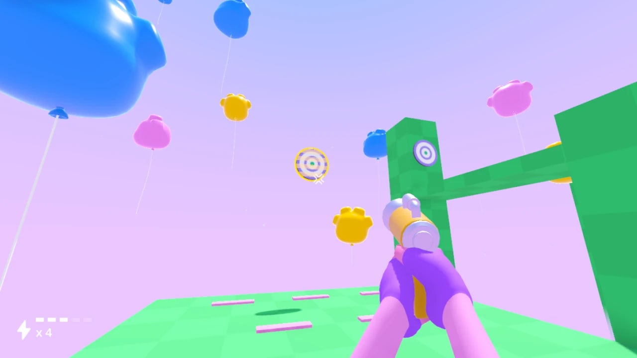 Screenshot of an FPS game demo with stylized visuals, a pink sky, and green platforms. The player is aiming at a target with a gun.
