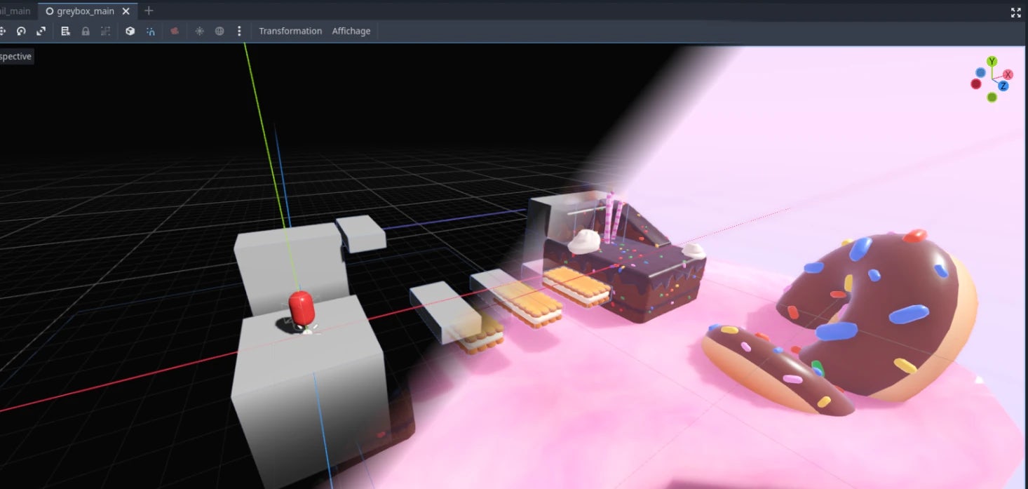 Screenshot of the Godot editor, showing a 3D scene with only grey boxes on the left, and another version of the same scene with the grey boxes turned into candy-looking platforms on the right.