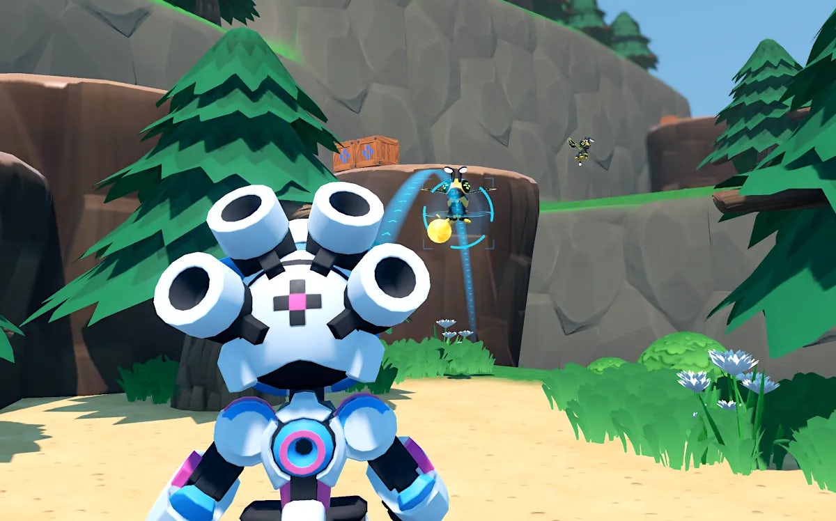 Screenshot of a 3D third-person game with the camera behind a white Robot's shoulder. The robot is aiming a grenade at a robot bee.
