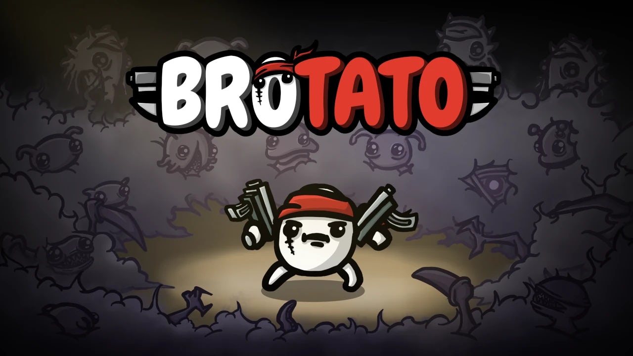 Screenshot of a potato with a red bandana, holding two guns, surrounded by aliens. The white and red title at the top reads Brotato.