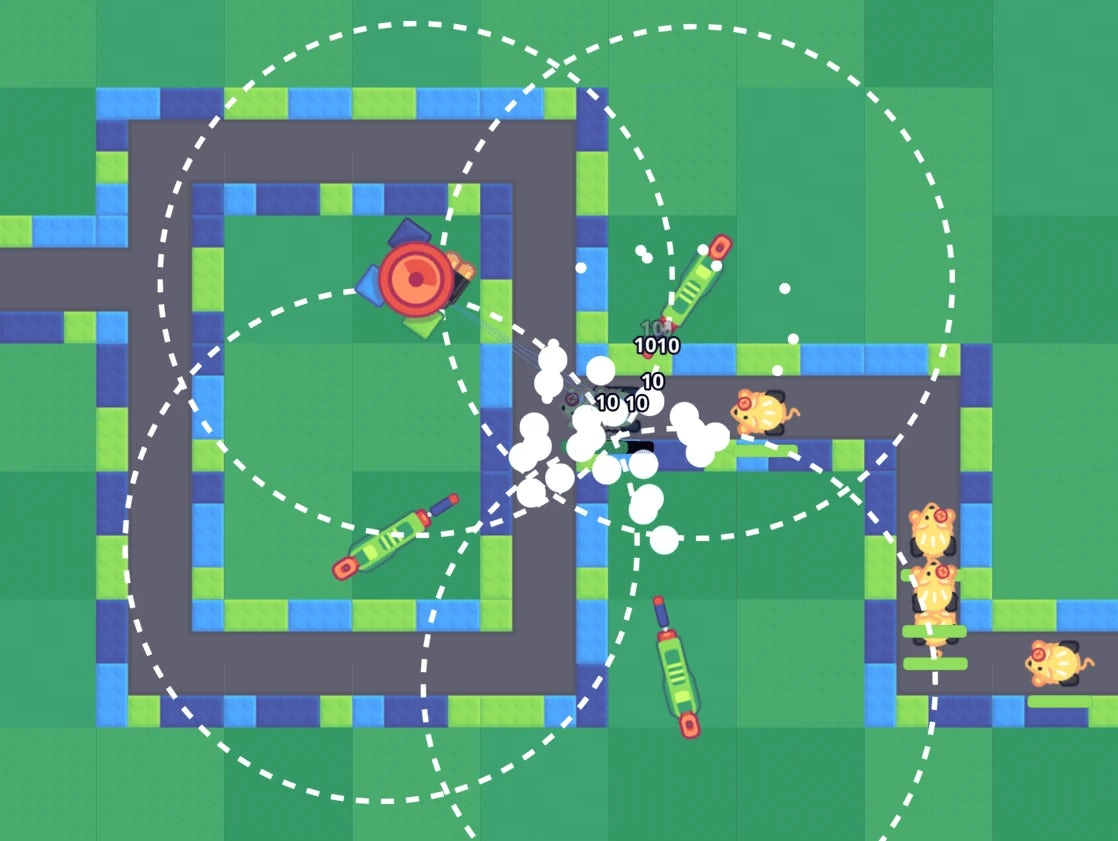 Screenshot of a top-down tower defense game, with toy guns shooting rubber projectiles at toy minions.