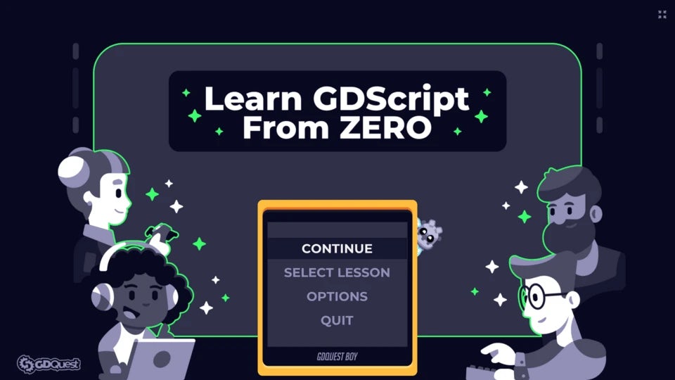 Title screen of the Learn GDScript app, with a menu saying Continue, Select Lesson, Options, and Quit.