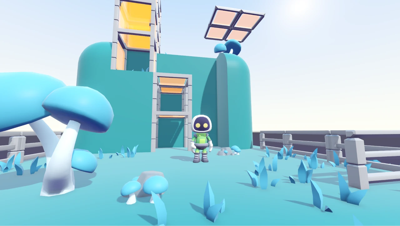 Screenshot of a 3D game with an astronaut on a strange planet with mushroom-like trees. The astronaut is facing the camera and behind them are scaffoldings.
