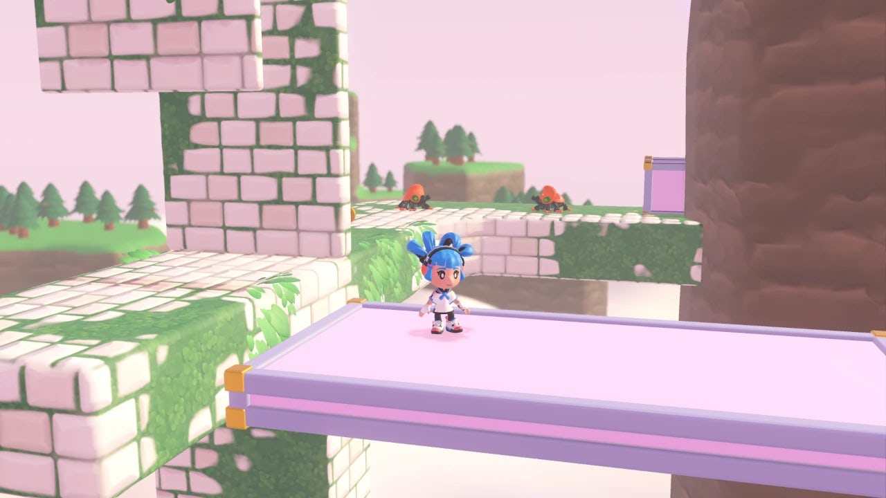 Screenshot of a 3D platformer game. Sophia, a girl with blue hair, standing on grass, with clouds and hills in the background.