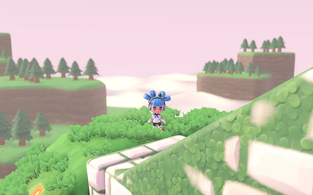 Screenshot of a 3D platformer game. Sophia, a girl with blue hair, standing on grass, with clouds and hills in the background.